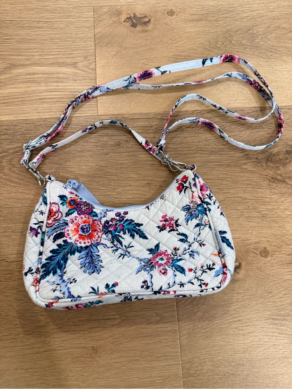 Vera Bradley White Quilted Floral Shoulder Bag with Pink & Blue Accents